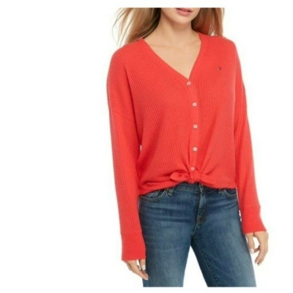 Tommy Hilfiger Womens Oversize Waffle Knit Thermal Cardigan XXL Minimalist Comfy